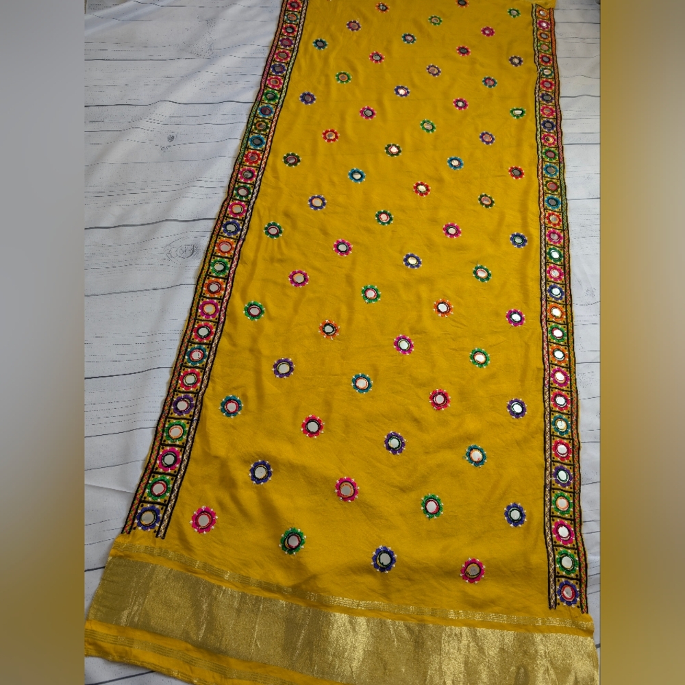 Yellow mustard multi color Dupatta) Scarf with embroidery paper mirror work.